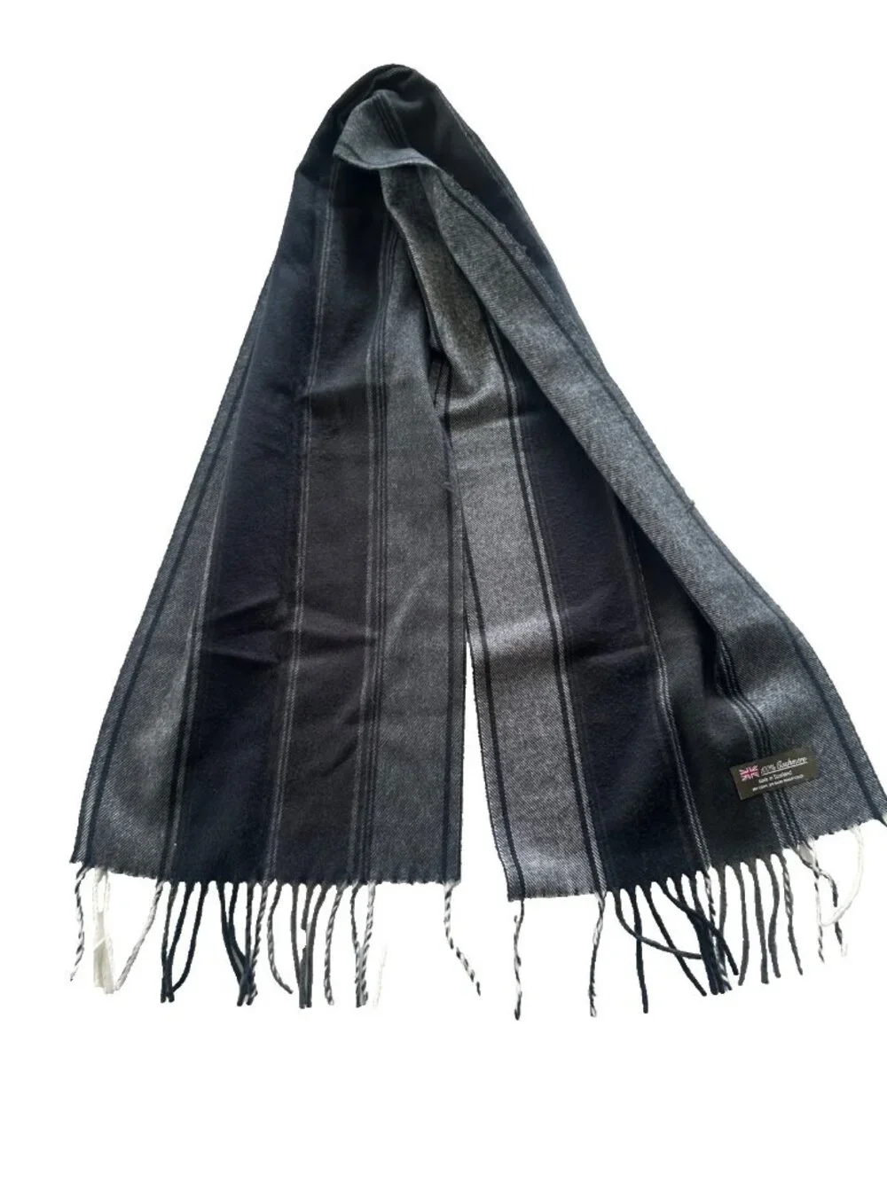 100% Cashmere Made in Scotland Grey Fringe Rectangle Scarf Old Money